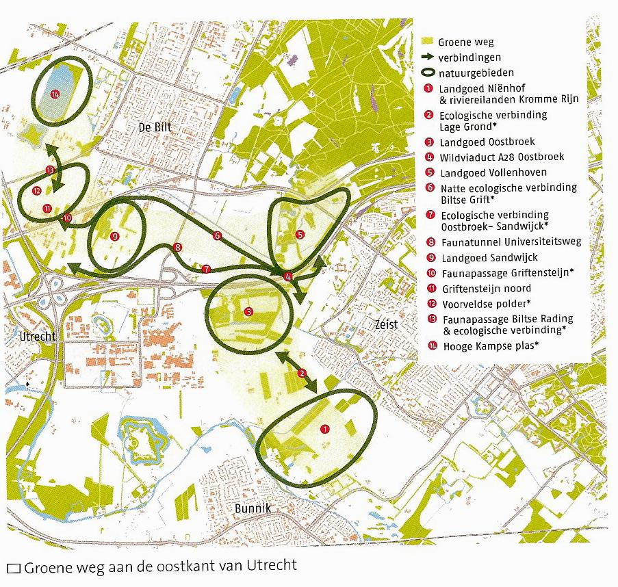 kaartje faunaverbindingen tussen De Bilt, Zeist en Utrecht uit Mijn Utrechts Landschap, lente 2016.